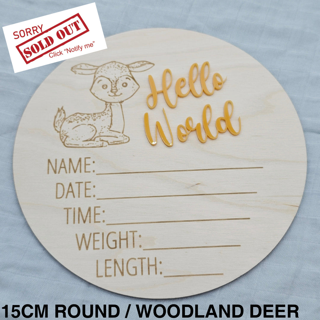 Assorted - Hello World Announcement Plaque 15Cm Round / Woodland Deer