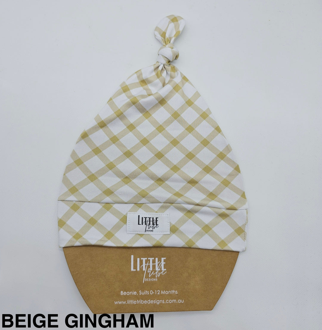 Bamboo Baby Beanie - Assorted Beige Gingham Beanies & Topknot Headbands