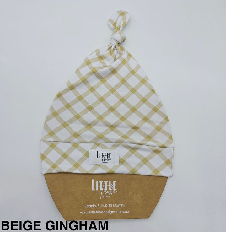 Bamboo Baby Beanie - Assorted Beige Gingham Beanies & Topknot Headbands