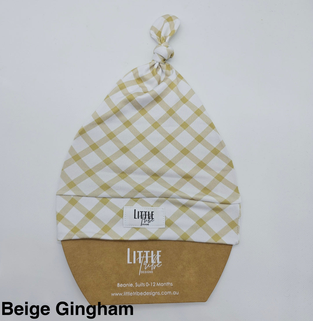 Bamboo Baby Beanie - Assorted Beige Gingham Beanies & Topknot Headbands
