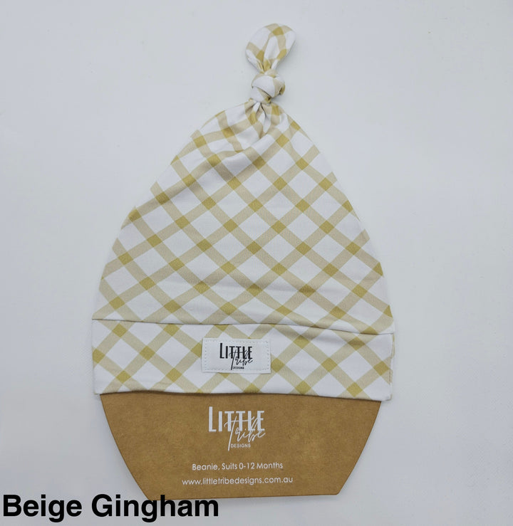 Bamboo Baby Beanie - Assorted Beige Gingham Beanies & Topknot Headbands