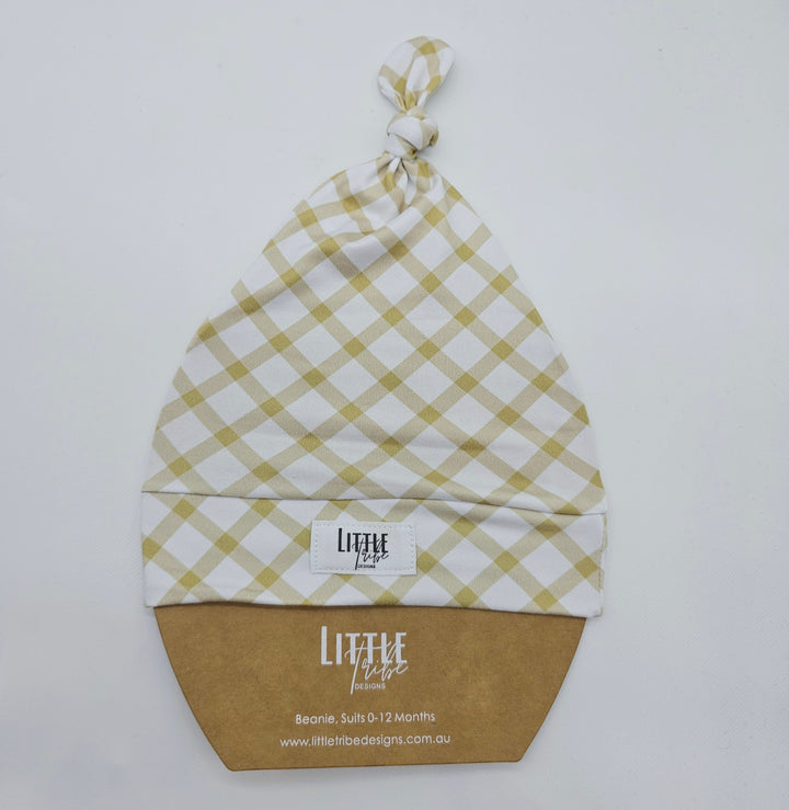 Bamboo Baby Beanie - Assorted Beige Gingham Beanies & Topknot Headbands