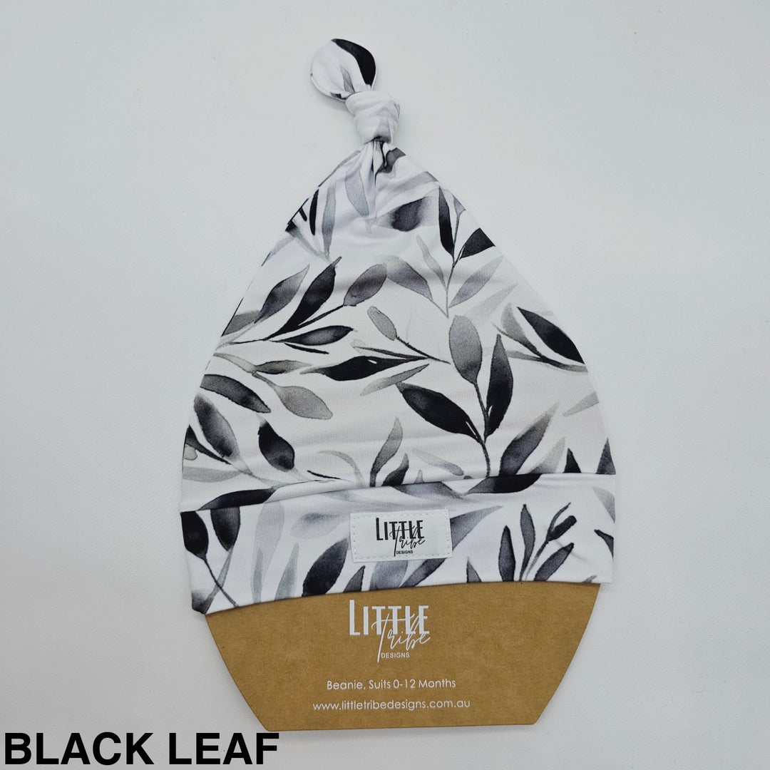 Bamboo Baby Beanie - Assorted Black Leaf Beanies & Topknot Headbands