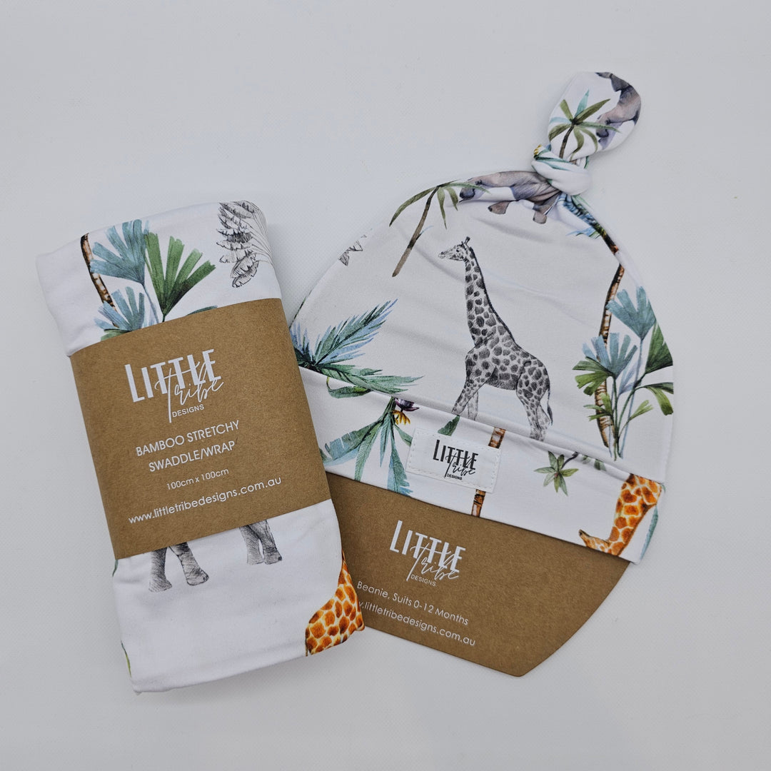 Bamboo Baby Swaddle And Beanie Set African Animals