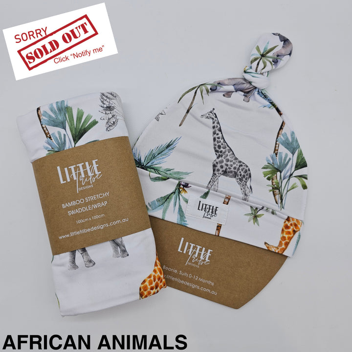 Bamboo Baby Swaddle And Beanie Set African Animals