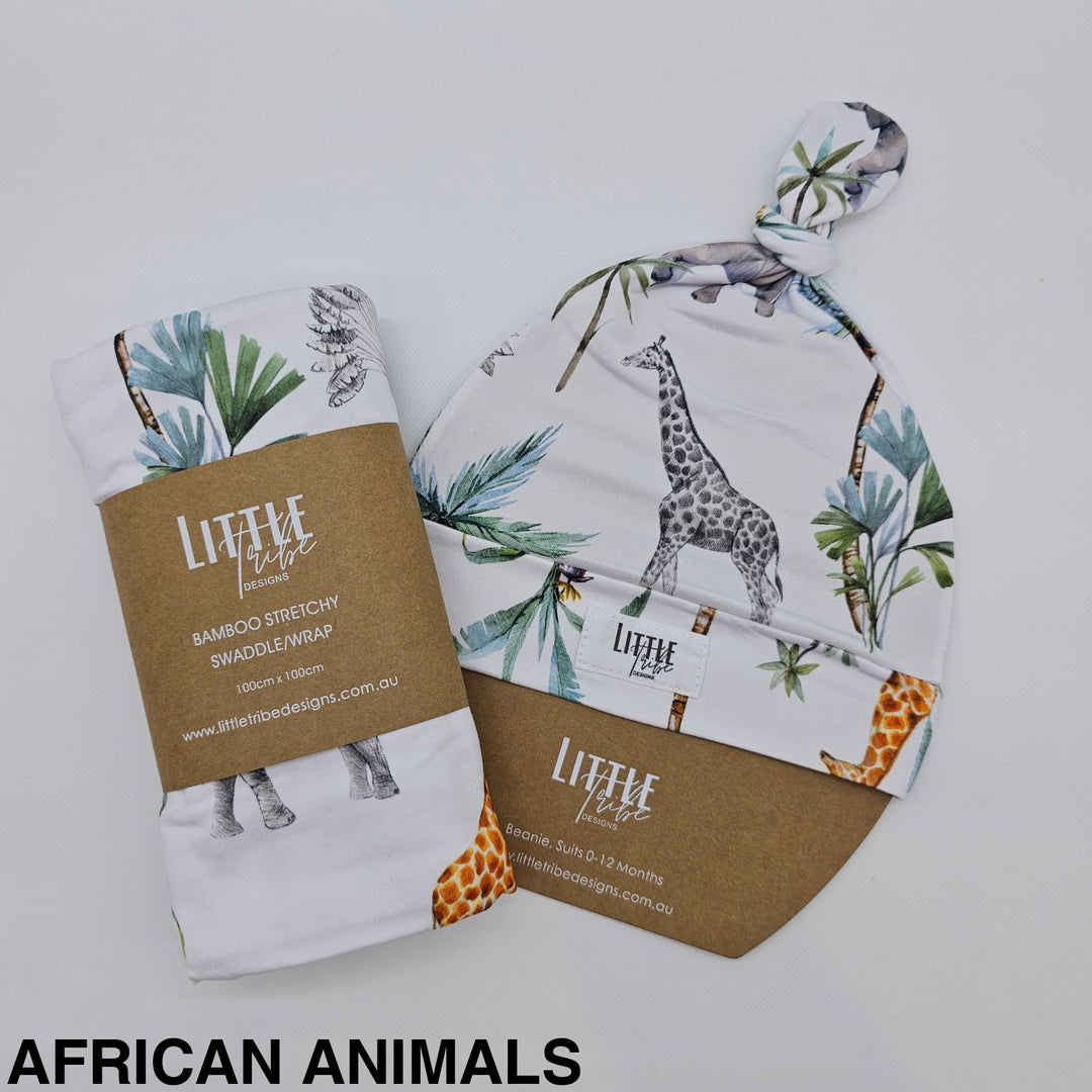 Bamboo Baby Swaddle And Beanie Set African Animals