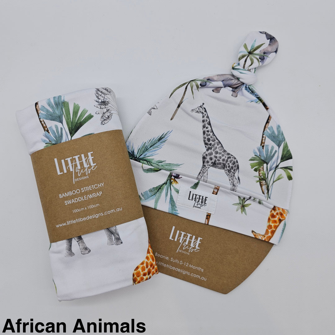 Bamboo Baby Swaddle And Beanie Set African Animals