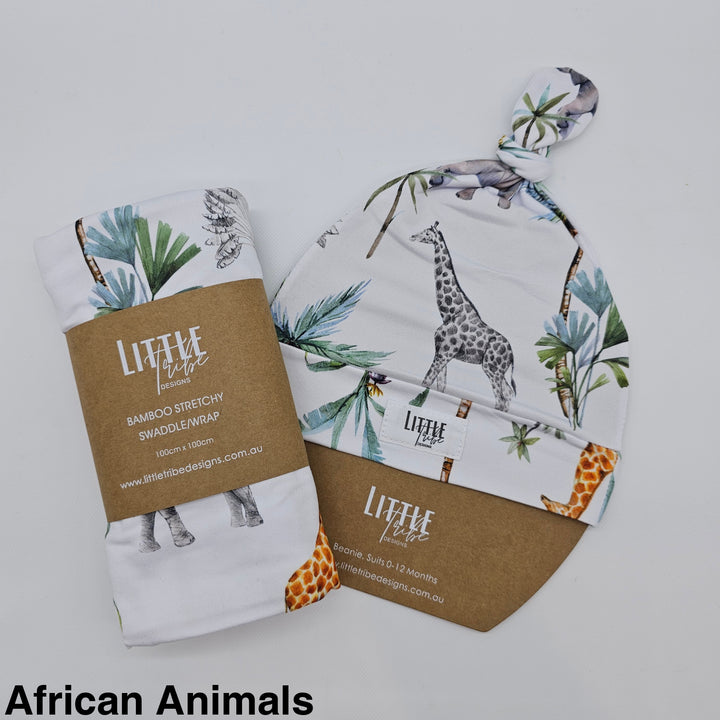 Bamboo Baby Swaddle And Beanie Set African Animals