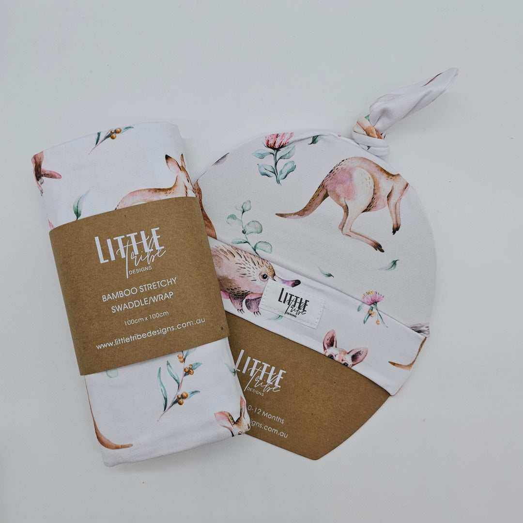 Bamboo Baby Swaddle And Beanie Set Australian Animals