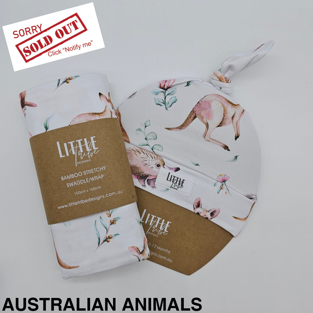 Bamboo Baby Swaddle And Beanie Set Australian Animals