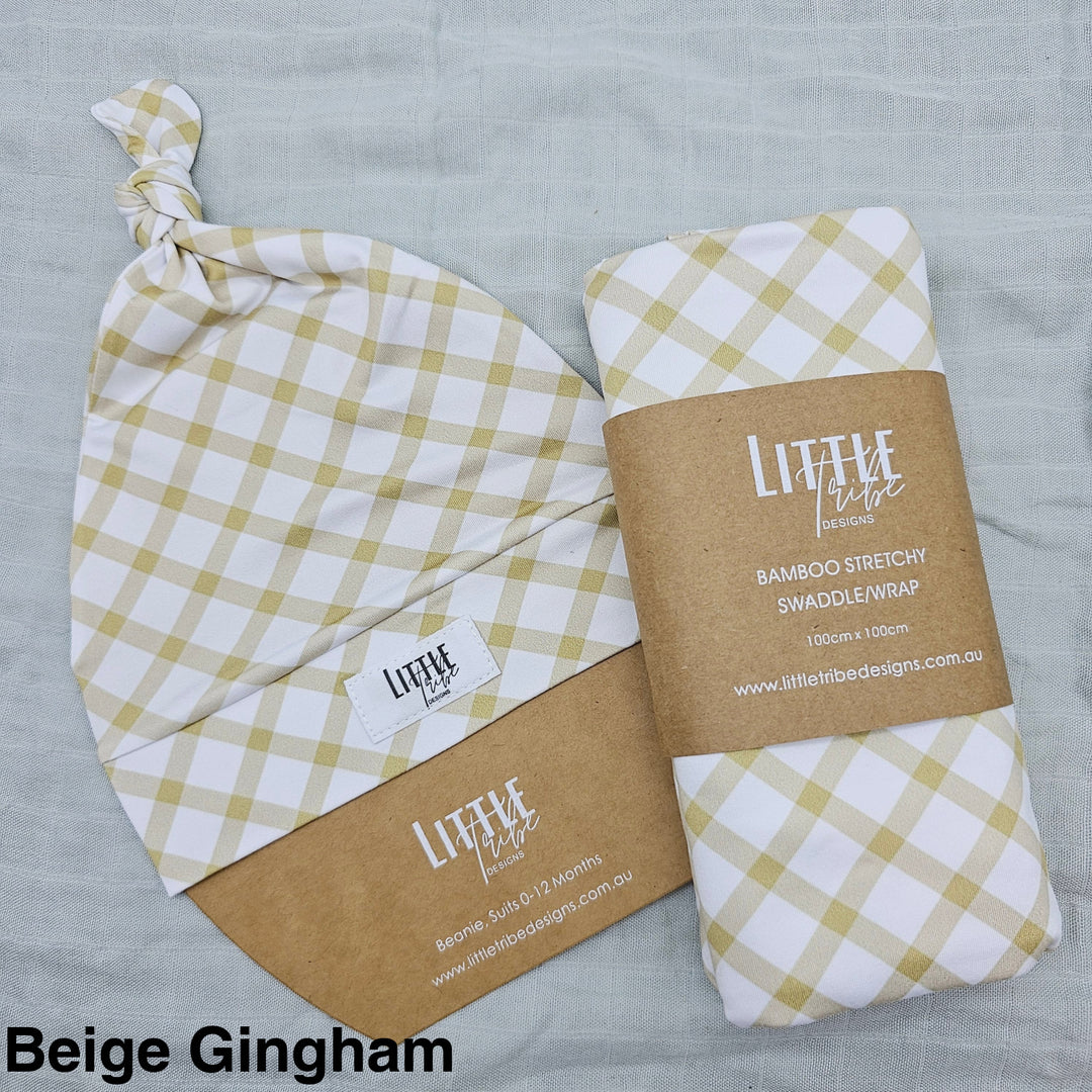 Bamboo Baby Swaddle And Beanie Set Beige Gingham