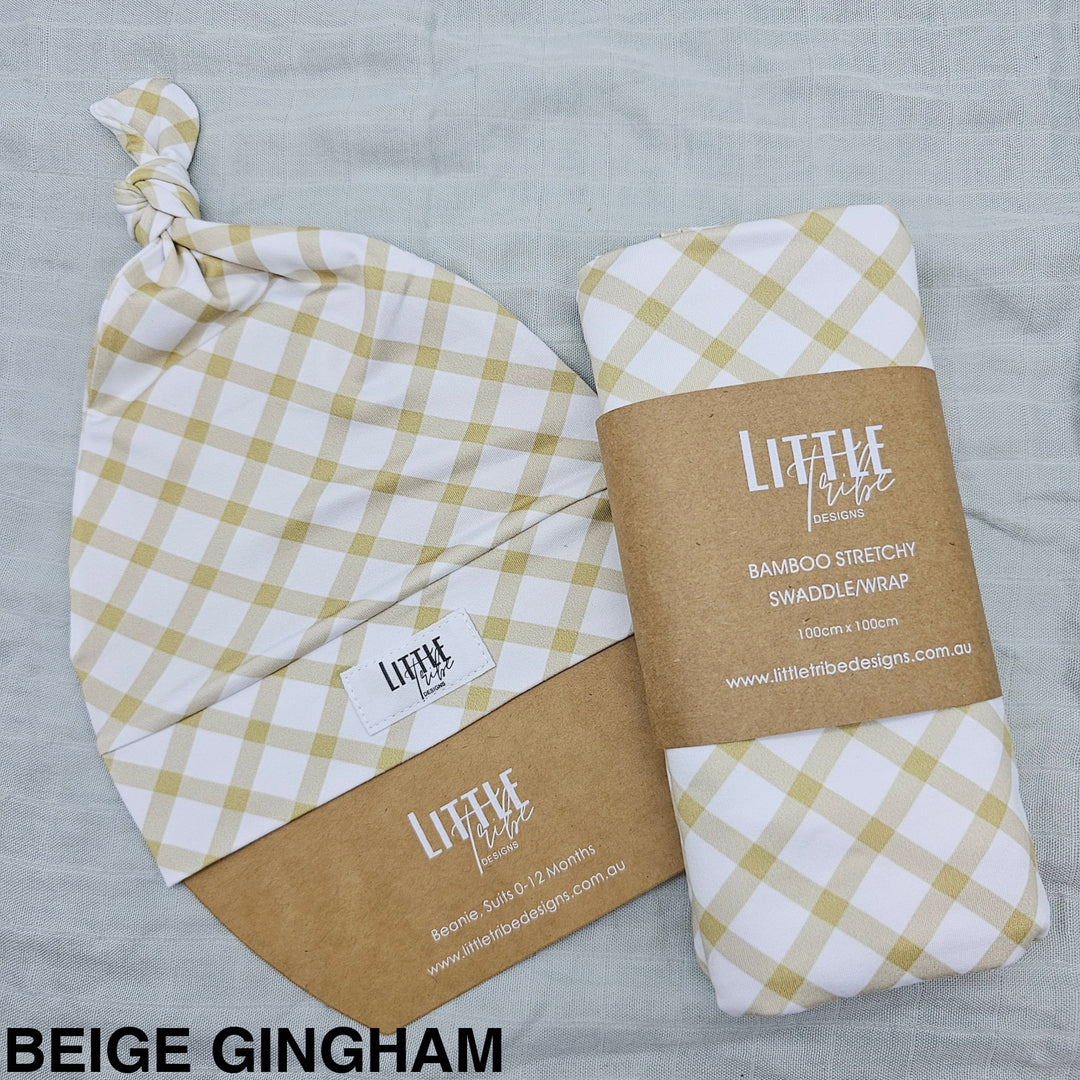 Bamboo Baby Swaddle And Beanie Set Beige Gingham