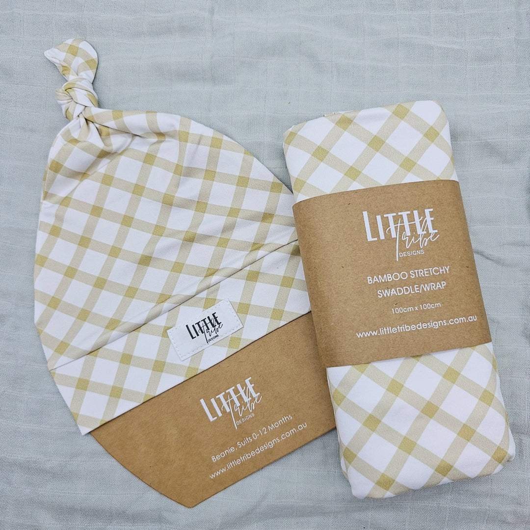Bamboo Baby Swaddle And Beanie Set Beige Gingham