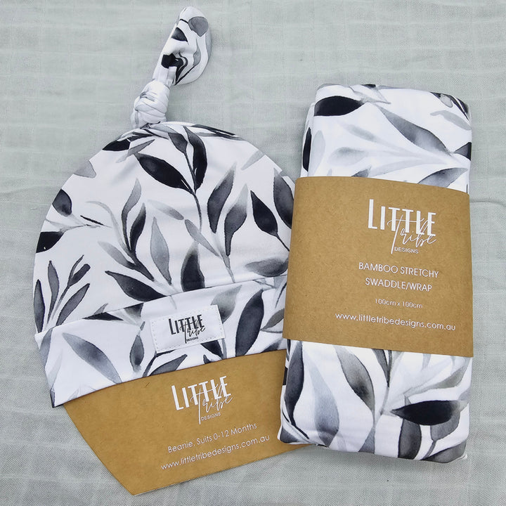 Bamboo Baby Swaddle And Beanie Set Black Leaves