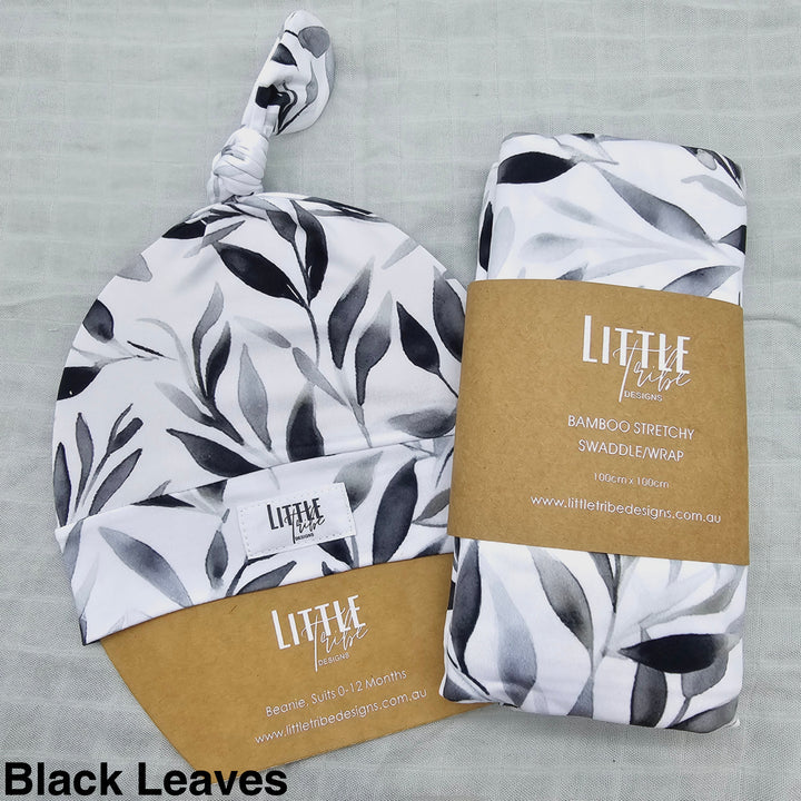 Bamboo Baby Swaddle And Beanie Set Black Leaves