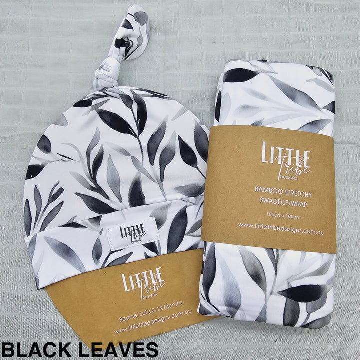 Bamboo Baby Swaddle And Beanie Set Black Leaves