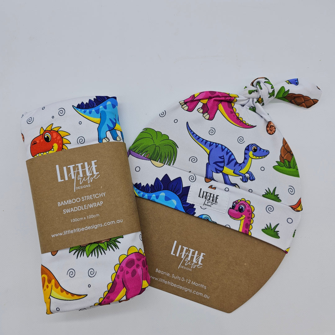 Bamboo Baby Swaddle And Beanie Set Bright Dinosaurs