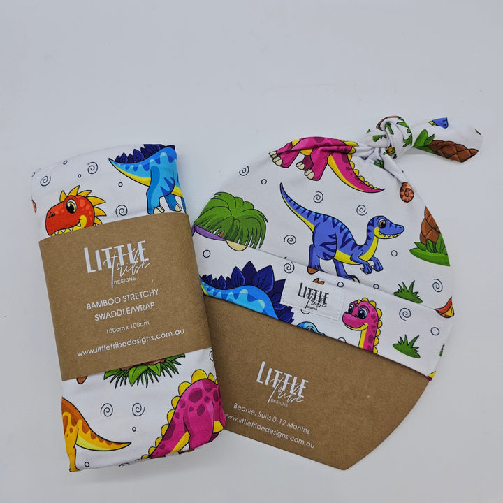 Bamboo Baby Swaddle And Beanie Set Bright Dinosaurs