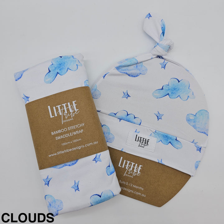 Bamboo Baby Swaddle And Beanie Set Clouds