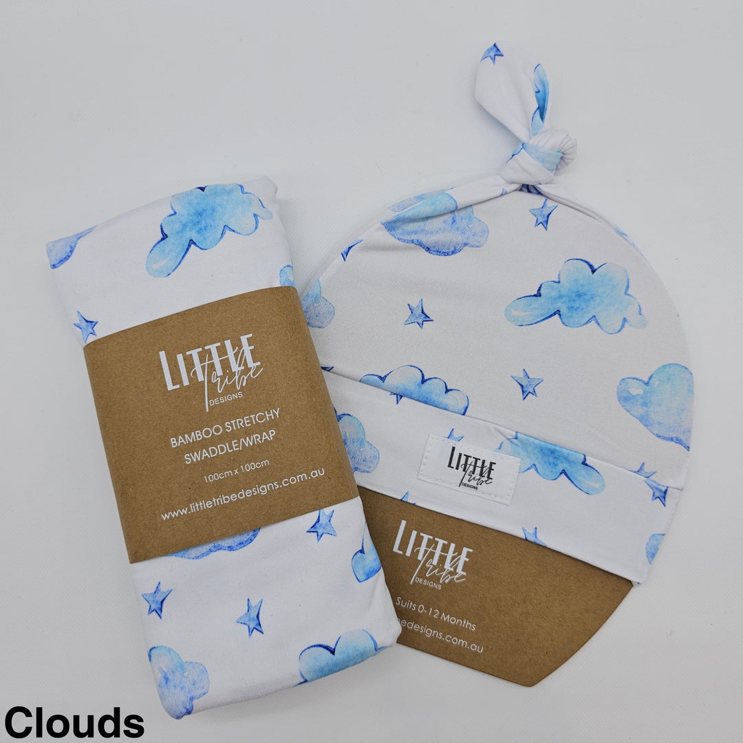 Bamboo Baby Swaddle And Beanie Set Clouds