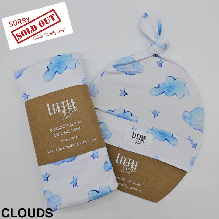 Bamboo Baby Swaddle And Beanie Set Clouds