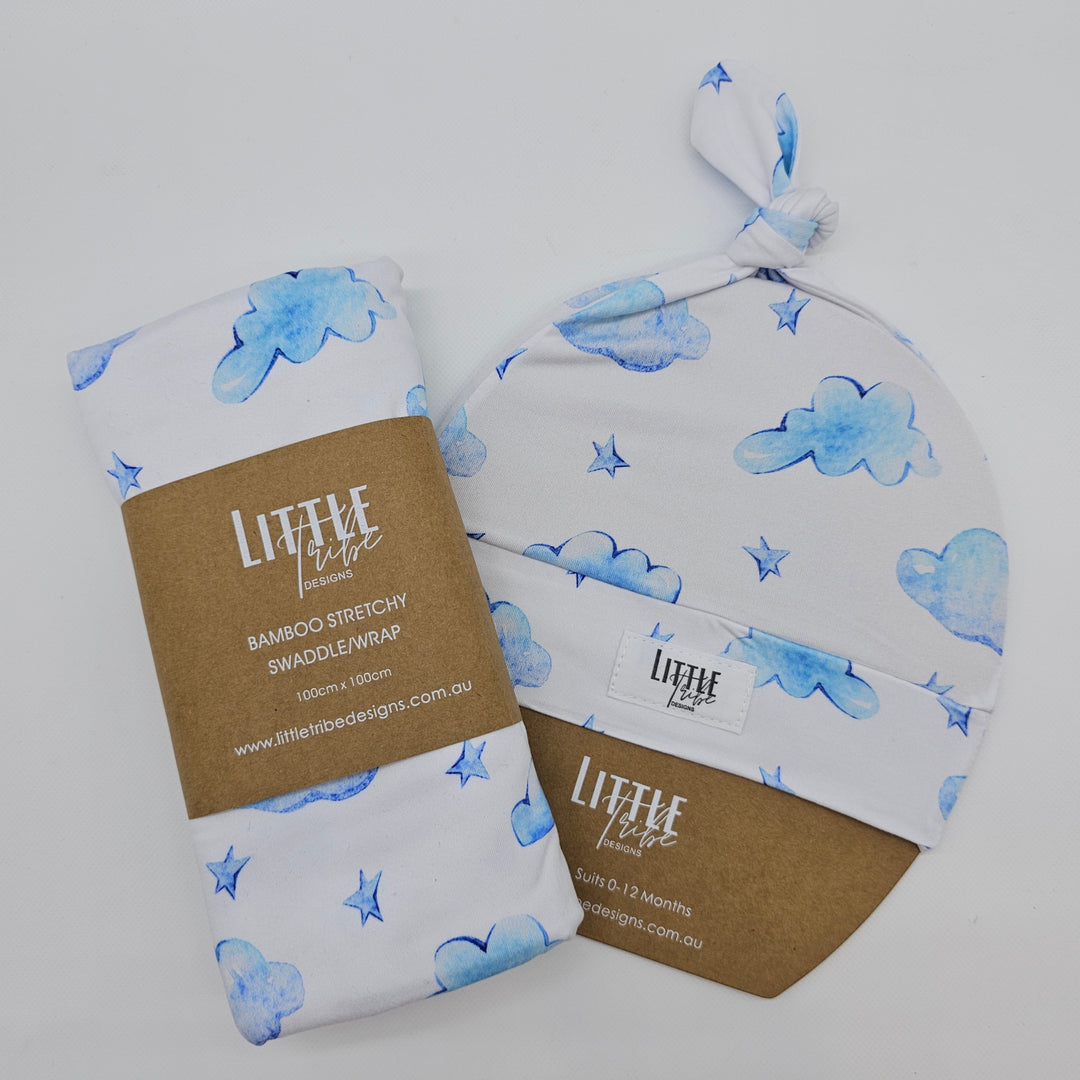 Bamboo Baby Swaddle And Beanie Set Clouds