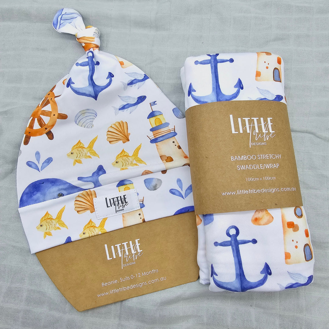 Bamboo Baby Swaddle And Beanie Set Nautical