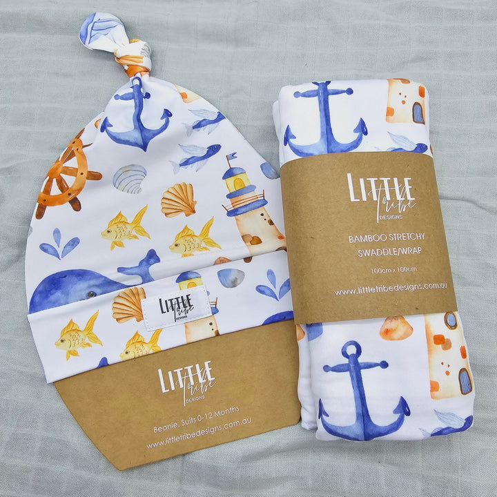 Bamboo Baby Swaddle And Beanie Set Nautical
