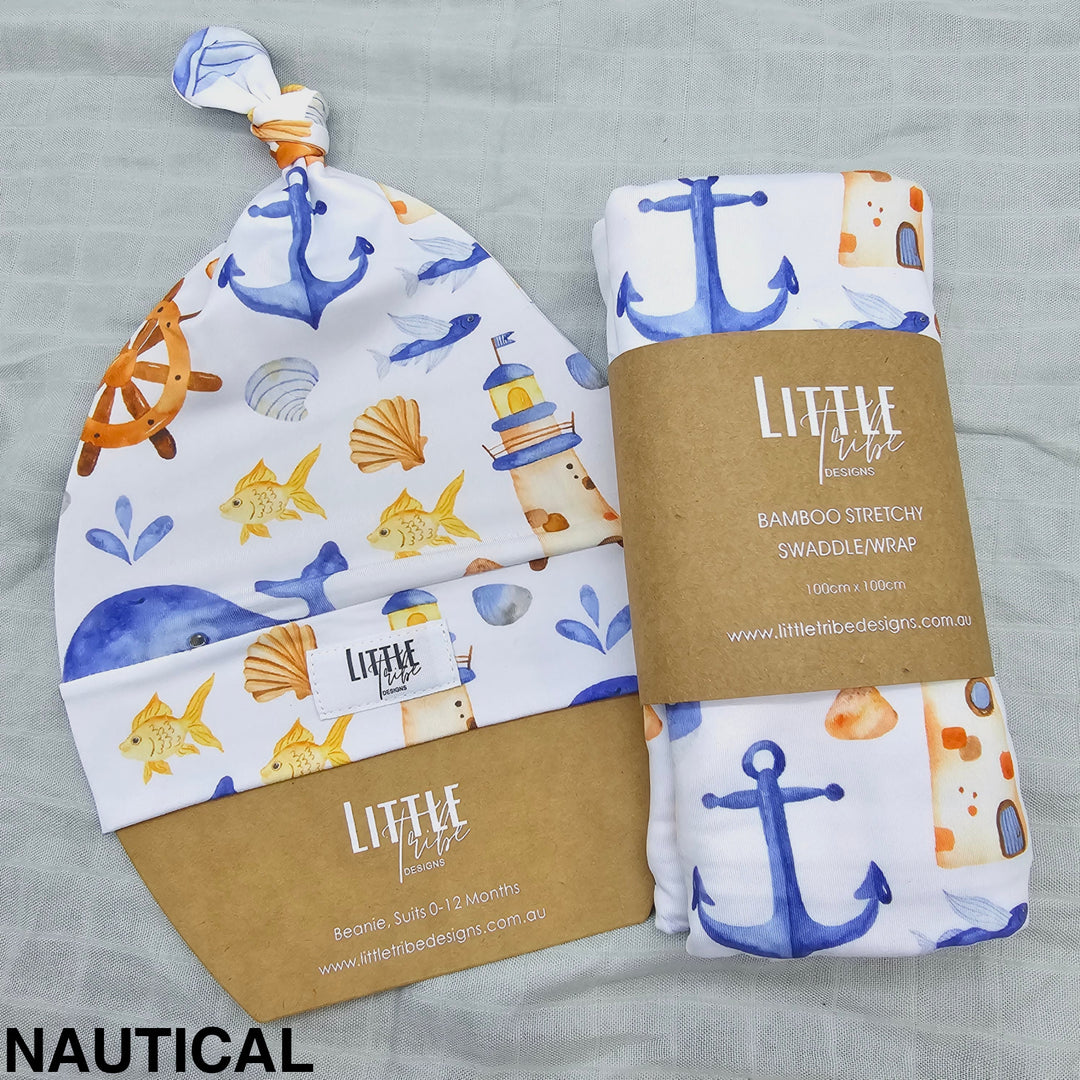 Bamboo Baby Swaddle And Beanie Set Nautical