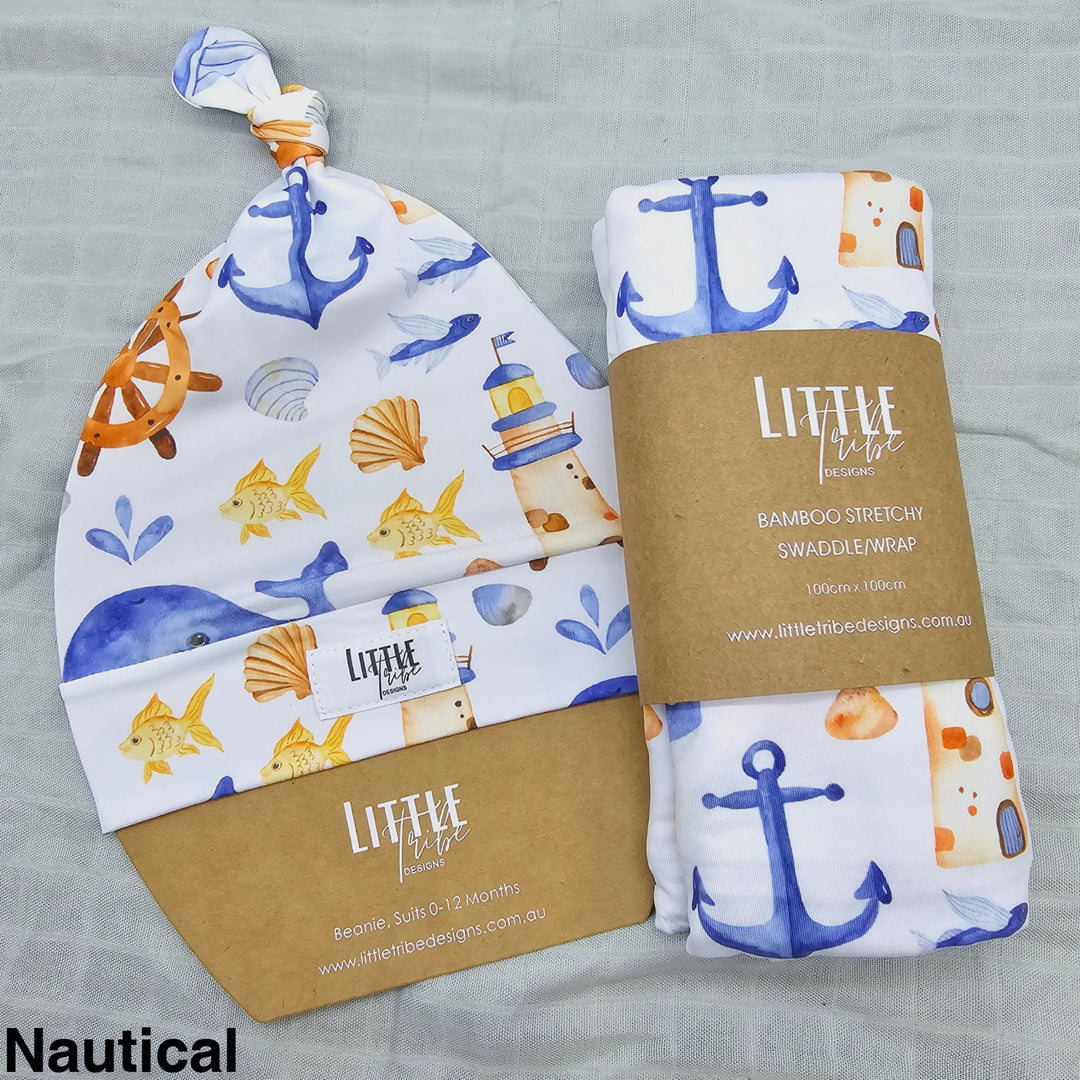 Bamboo Baby Swaddle And Beanie Set Nautical