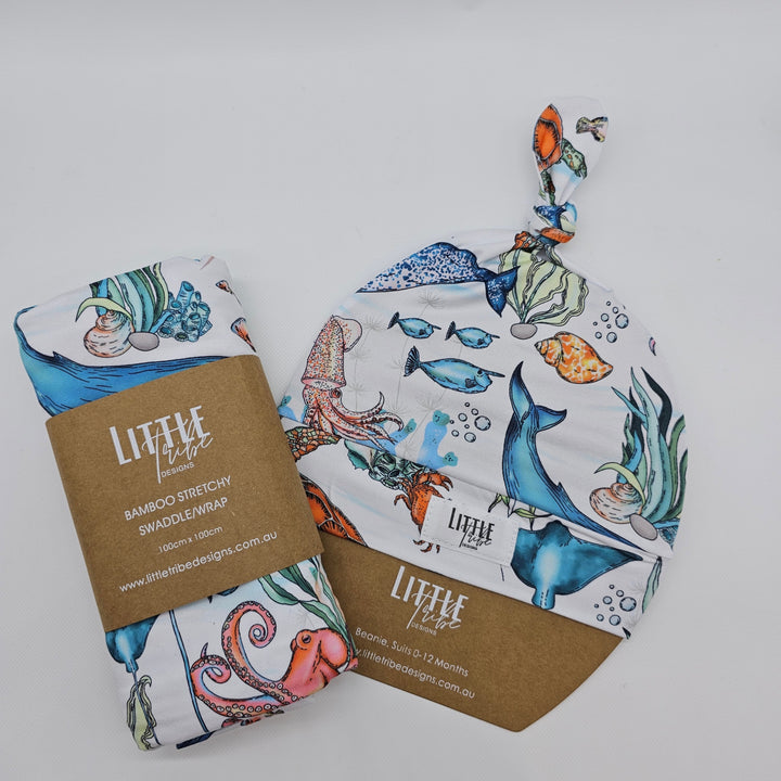 Bamboo Baby Swaddle And Beanie Set Sea Life