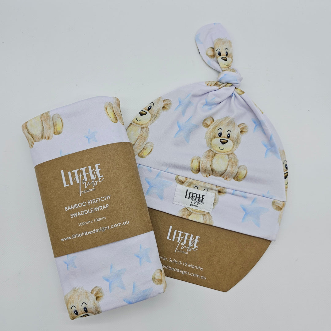 Bamboo Baby Swaddle And Beanie Set Teddy Bears