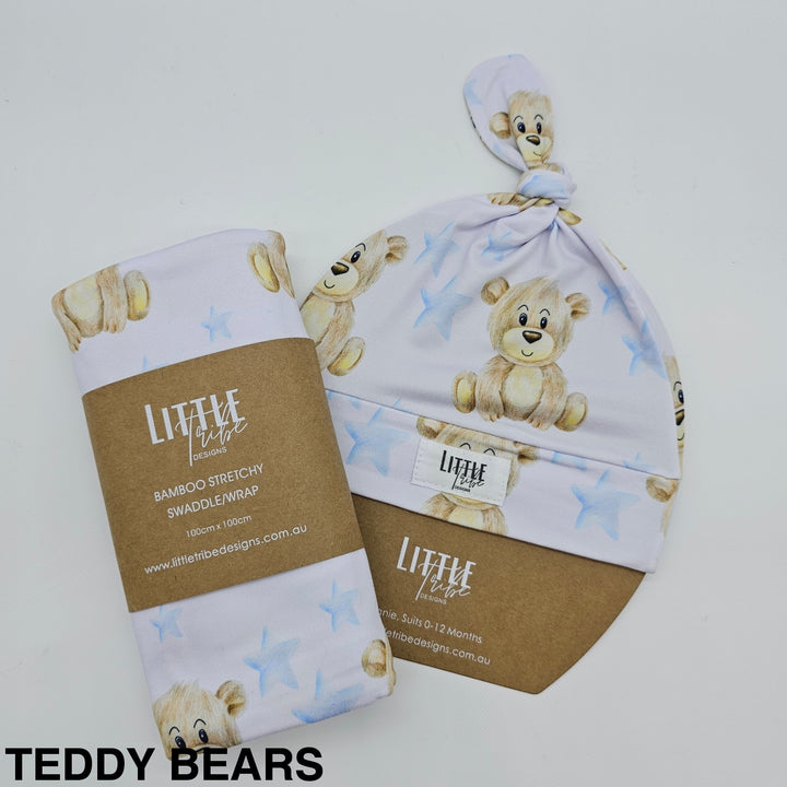 Bamboo Baby Swaddle And Beanie Set Teddy Bears