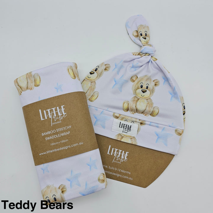 Bamboo Baby Swaddle And Beanie Set Teddy Bears