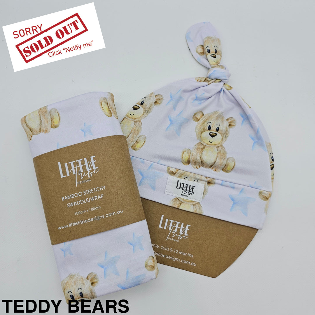 Bamboo Baby Swaddle And Beanie Set Teddy Bears