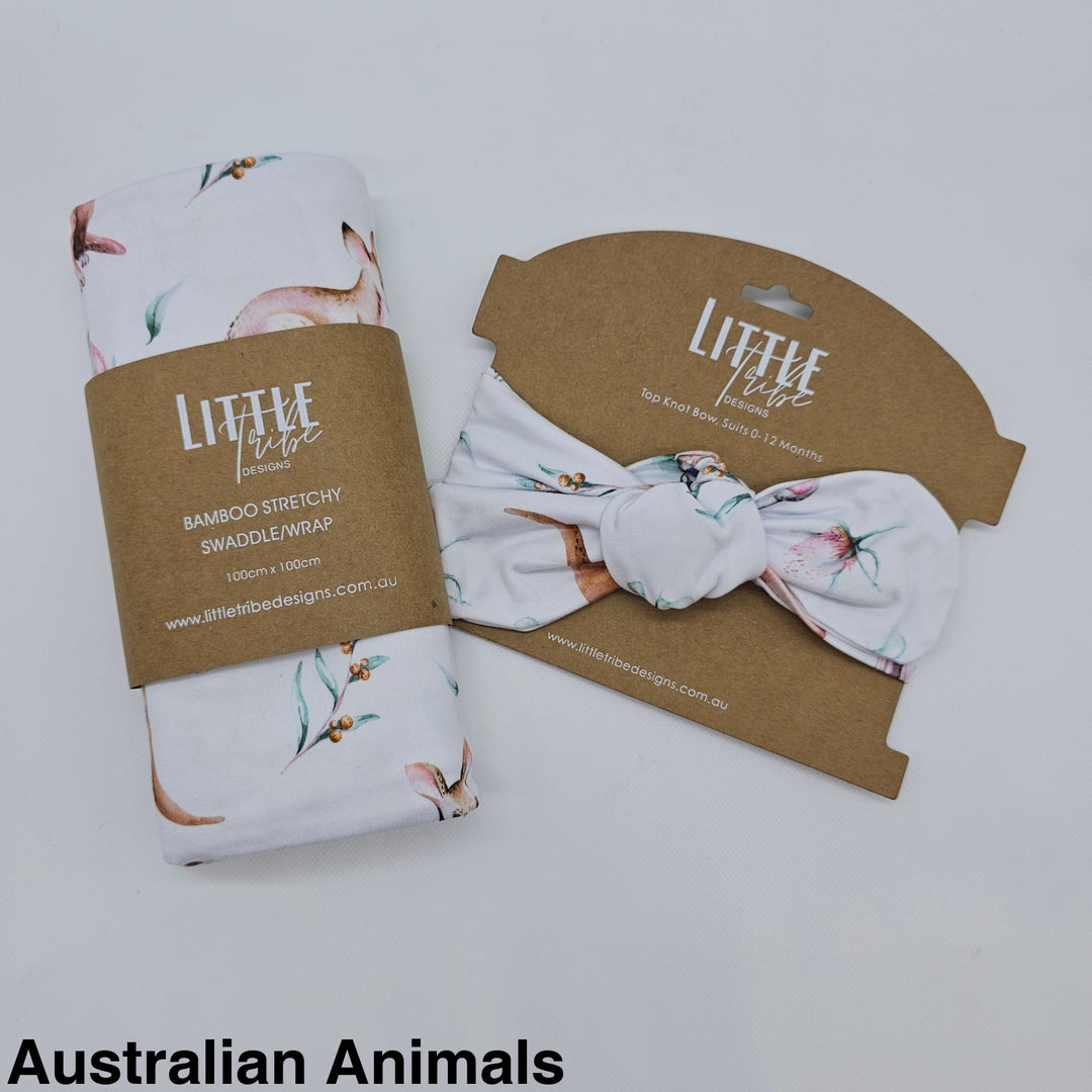 Bamboo Baby Swaddle And Topknot Set Australian Animals