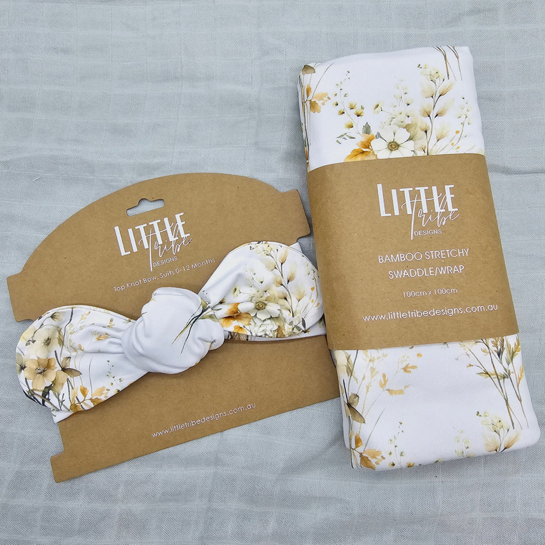 Bamboo Baby Swaddle And Topknot Set Beige Vintage Floral