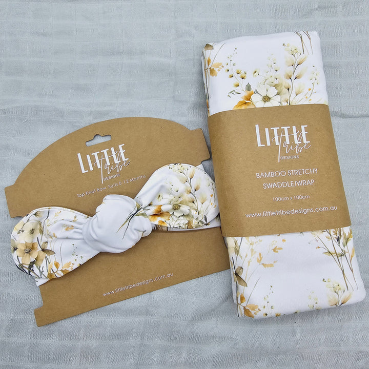 Bamboo Baby Swaddle And Topknot Set Beige Vintage Floral