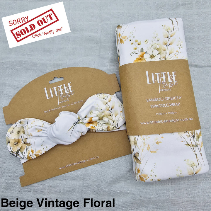 Bamboo Baby Swaddle And Topknot Set Beige Vintage Floral
