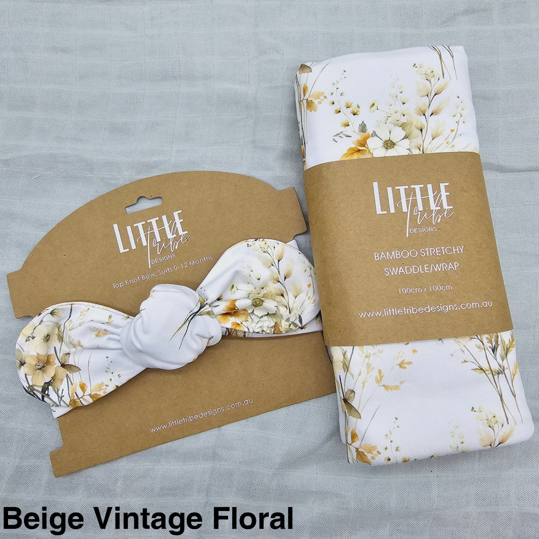 Bamboo Baby Swaddle And Topknot Set Beige Vintage Floral