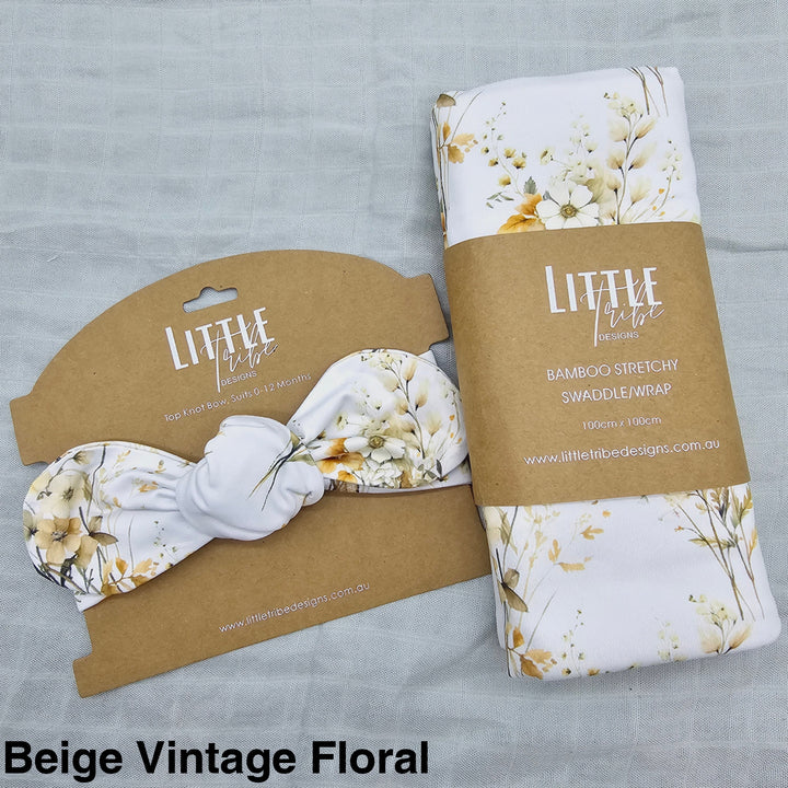 Bamboo Baby Swaddle And Topknot Set Beige Vintage Floral