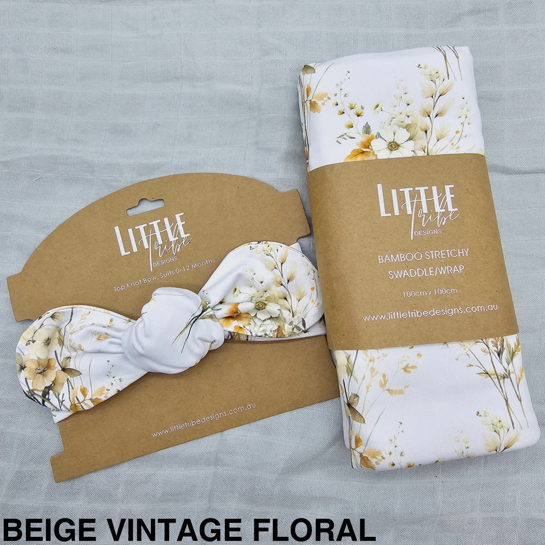 Bamboo Baby Swaddle And Topknot Set Beige Vintage Floral