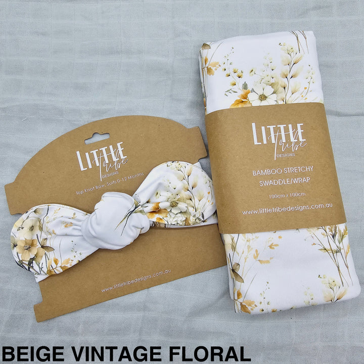Bamboo Baby Swaddle And Topknot Set Beige Vintage Floral