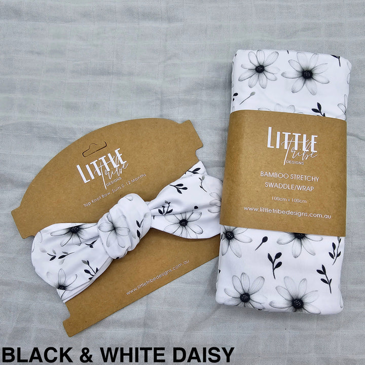 Bamboo Baby Swaddle And Topknot Set Black & White Daisy