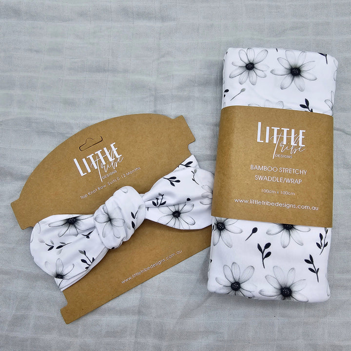 Bamboo Baby Swaddle And Topknot Set Black & White Daisy