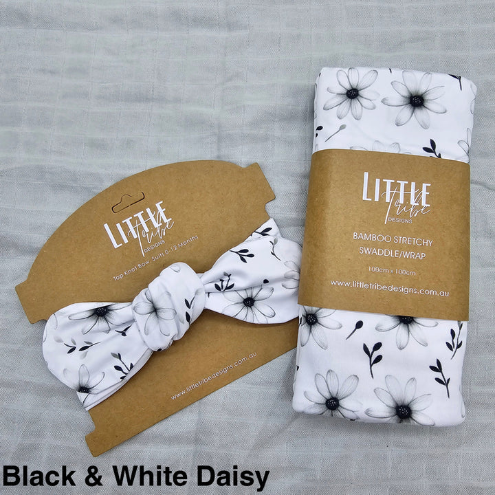 Bamboo Baby Swaddle And Topknot Set Black & White Daisy