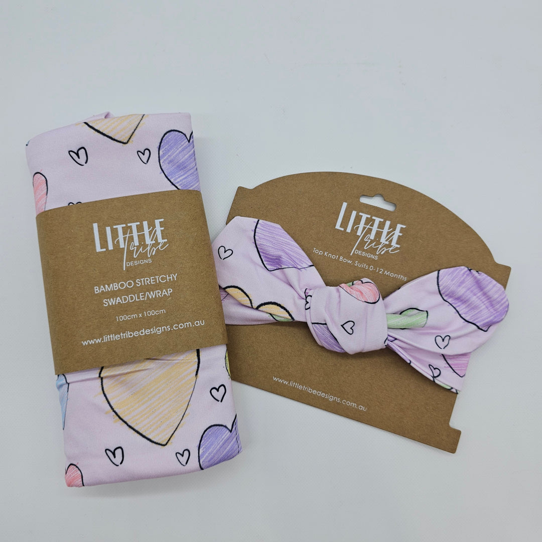 Bamboo Baby Swaddle And Topknot Set Hearts