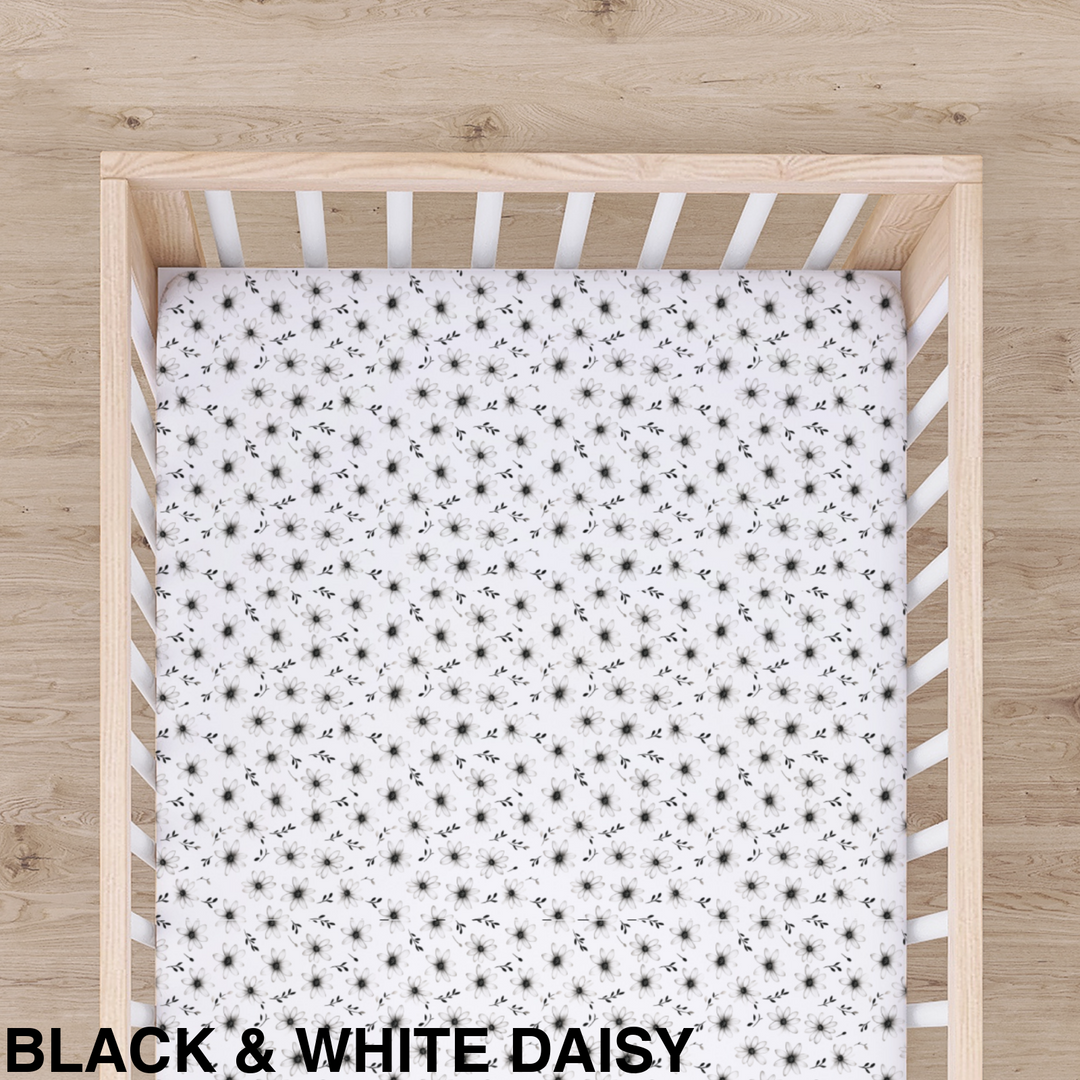 Bamboo Cot Sheet - Assorted Black & White Daisy Wraps