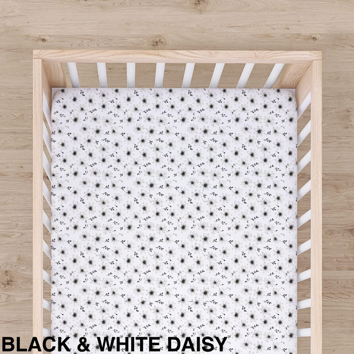 Bamboo Cot Sheet - Assorted Black & White Daisy Wraps