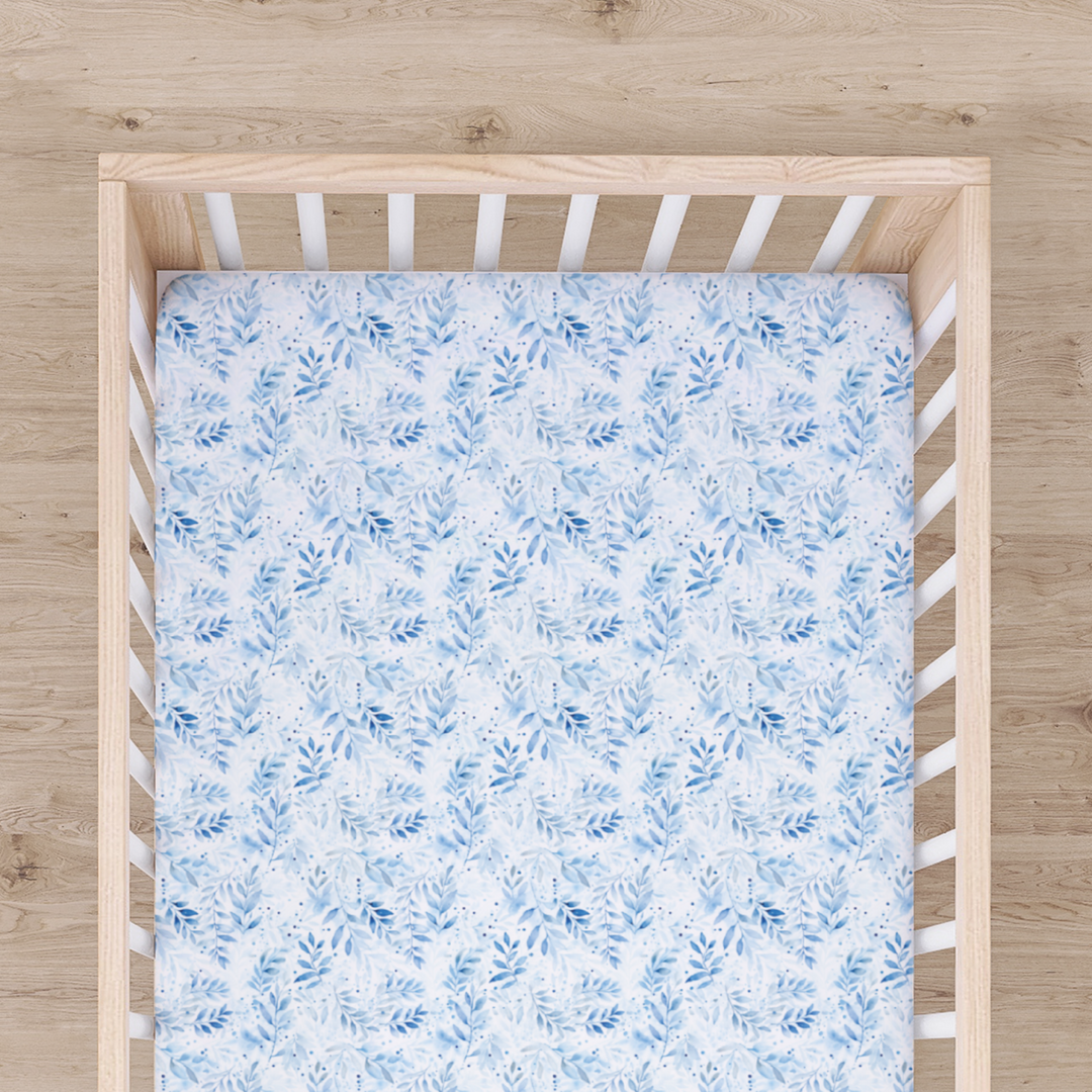 Bamboo Cot Sheet - Assorted Blue Leaf Wraps